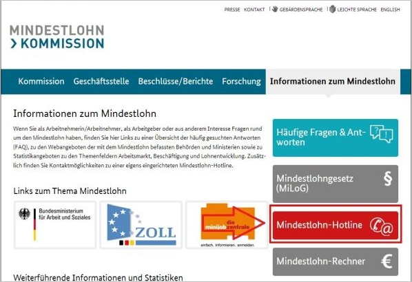 Homepage Mindestlohnkommission, Mindestlohn-Hotline