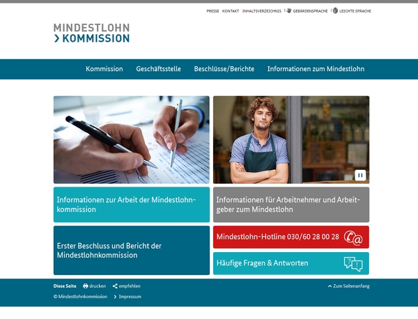 Homepage Mindestlohnkommission, Service-Navigation (verweist auf: Welche Informationen 
bekommen Sie auf der Internetseite?)
